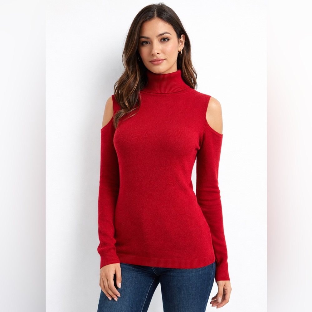 Vila Milano Women's Red Cold-Shoulder Turtleneck Sweater Small